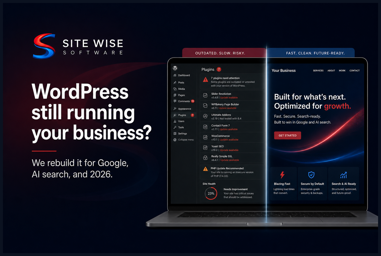 Before and after: cluttered WordPress dashboard versus a fast Site Wise rebuild