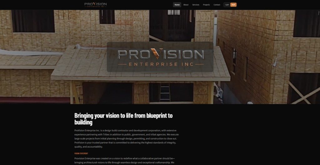A polished design-build website for ProVision Enterprise Inc. — blueprint-to-building storytelling for tribal, public, and government project partners.