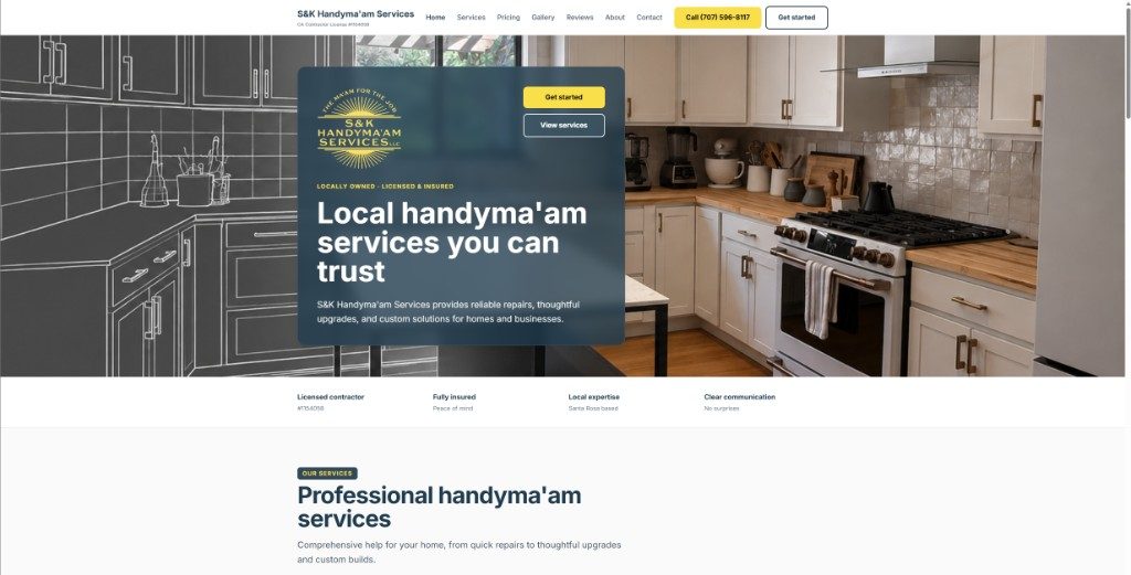 A high-converting marketing site for S&K Handyma'am Services — licensed Santa Rosa contractor with sketch-to-finished hero visuals, clear trust signals, and click-to-call CTAs.