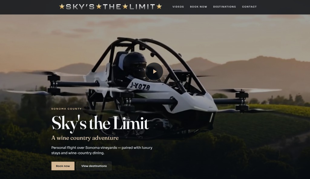 A luxury experiential travel site for Sky's the Limit NorCal — Jetson One personal flight over Sonoma vineyards, paired with Montage, Bricoleur, and Vintners Inn packages.